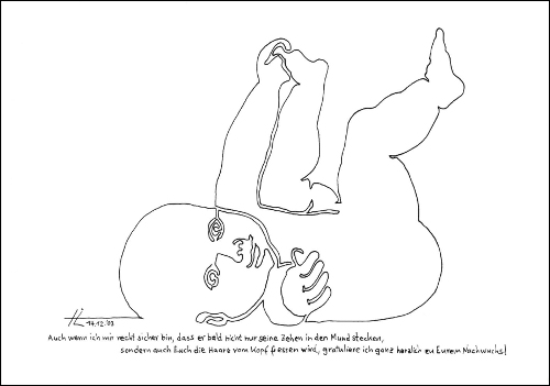 Auch wenn ich mir recht sicher bin, dass er bald nicht nur seine Zehen in den Mund stecken, sondern auch Euch die Haare vom Kopf fressen wird, gratuliere ich ganz herzlich zu Eurem Nachwuchs!